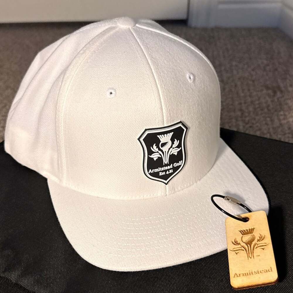 Armitstead Golf Shield Logo White Snapback Hat Flat Bill Wool Golf Hat.